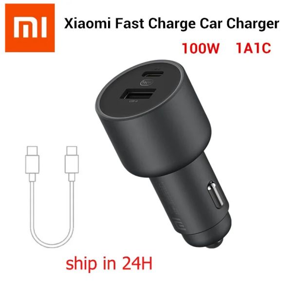 Chargers Original Xiaomi 100W Carregador Dual USB de carga rápida Mi Carregador de carro USBA Usbc Dual Output LED Light com cabo 5A