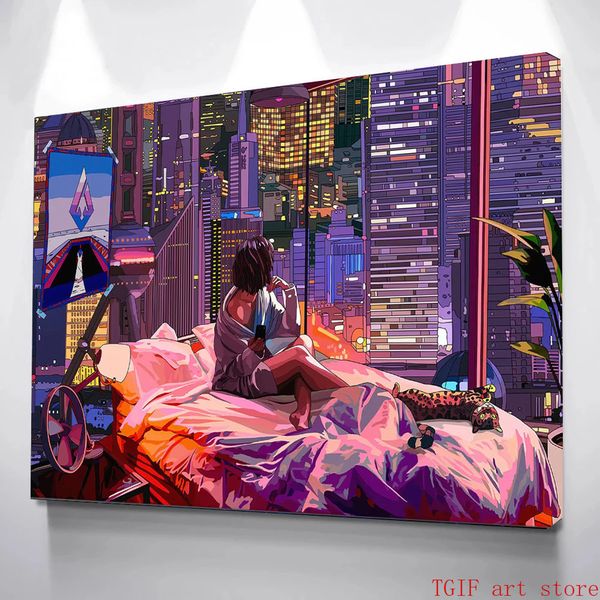 LO-FI Estilo Canvas pintando mulheres e quarto Cidade de Tóquio After Rain Cat Poster Anime japonês |Decoração estética de Sci Fi