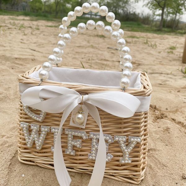 Noiva para ser Pearl Basket Wedding Party Bridal Shower Bridesmaid Girl Girl Bridal Handheld Flor Basket Storage Wicker Organizador