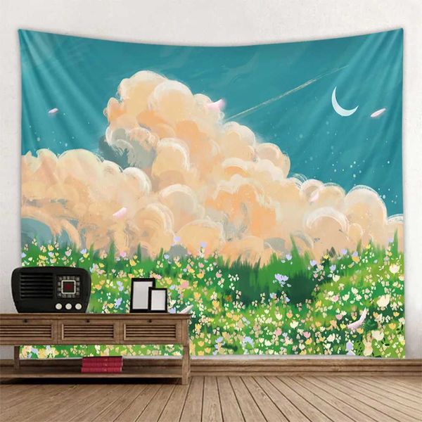 Wolken Zimmer Wandteppiche Wandtee Blumen Weiße Dekoration Schöne Wand hängen rosa Himmel Cartoon Schlafzimmer Wanddekoration Hintergrund Tuch R0411 1 1