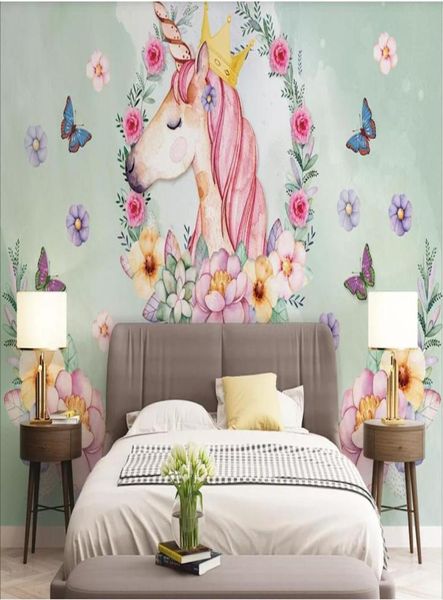 3D Room Tapete Custom Po Wandbauer Nordische handbemale Blumen Einhornkunst Hintergrund Wand Dekorative Malpapier für Wal1393050