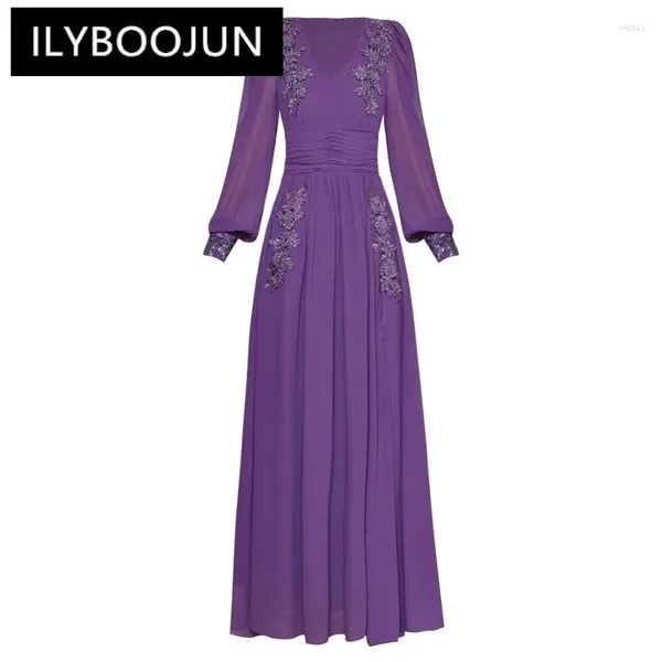 Lässige Kleider Ilyboojun Modedesigner Herbst Maxi Kleid Frauen V-Ausschnitt Laternenhülle Perlen Appliken Falten elegante Partyschlitz lang