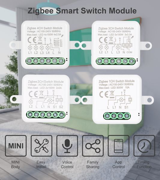 Zigbee Mini Smart Switch Relay Modulo 1/2/3/4CH Controllo a 2 vie per Smart Home App Remote Control funziona con Alexa Google Home