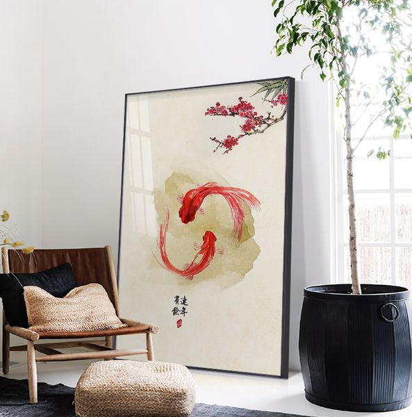 Paesaggio tradizionale cinese dipinto di pesce rosso dipinto di tela poster murale stampato minimalista arredamento per la casa per la camera da letto per la camera da letto