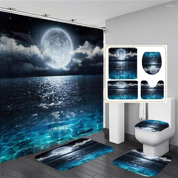 Cortinas de chuveiro cortina impermeabilizada definição do luar Sea Starry Sky Sky Skin Bath e tapetes com ganchos Capa de assento no banheiro decoração de banheiro