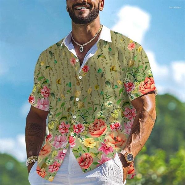 Camisas casuais de camisa masculina estampa floral 3D Street Outdoor Summer Summer lapela de manga curta XS-5XL TENHO