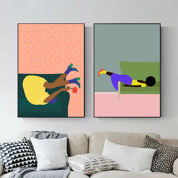 Nordic Art Woman Mood Sofá Jungle Pijamas Funny Poster Painting Abstract Daily Life Life Wall Art Room Decoração da casa