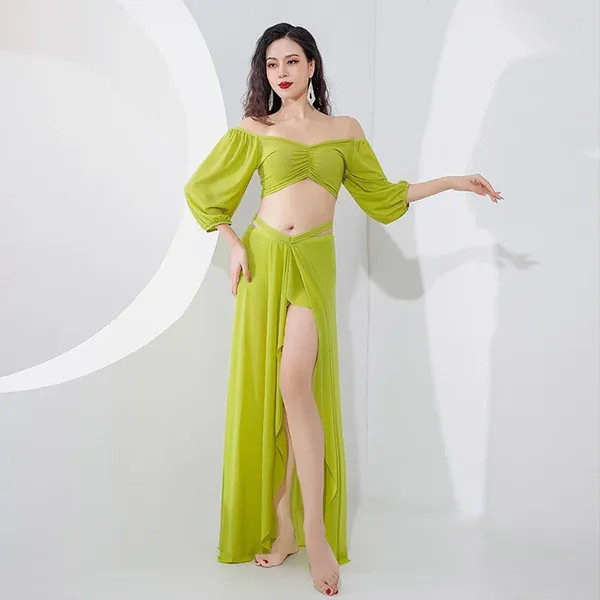 Figurino profissional de dança do belly de palco Conjunto de trajes de malha de meia manga top split longa saia 2pcs fêmeas femininas