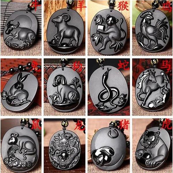 Colares pendentes retro natural obsidiana obsidiana de mão esculpida doze animais chineses zodíaco de amuleto de amuleto de amuleto de amule