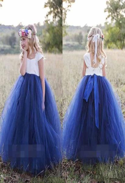 Cinepress White White Navy Blue Flower Girls Dresses 2019 Bateau Neck Wasleve Stupy Ball Ball Gown Gown Gown First Communion6262208