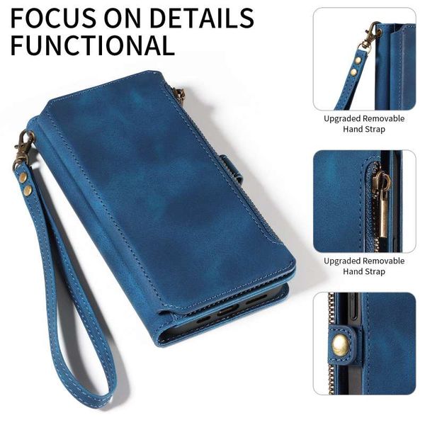 Caixa de telefone Designer Flip Zipper Bag Wallet Case iPhone Case de couro Wristled Case Blue Adequado para iPhone 15 Promax, iPhone 14 iPhone 13 iPhone 12 Apple