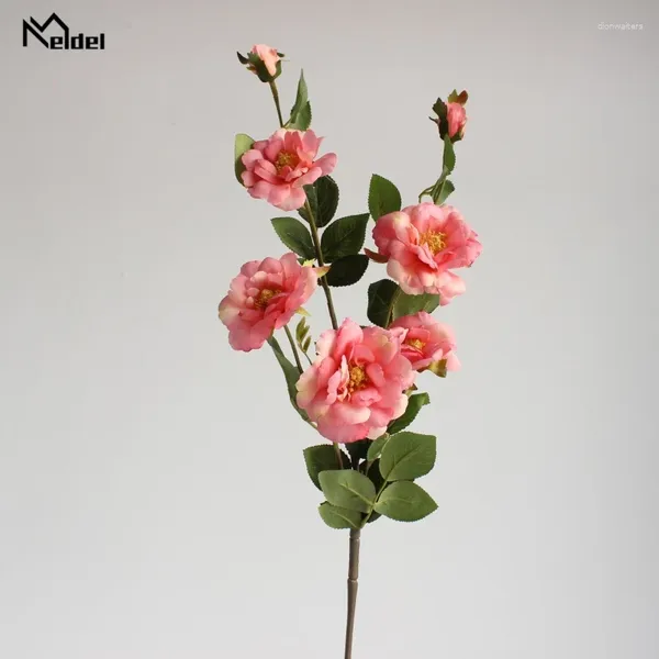 Flores de casamento Meldel 7 Heads Silk Chinese Rose Flower Branch Small China Mini Fake for Home Decoration Indoor