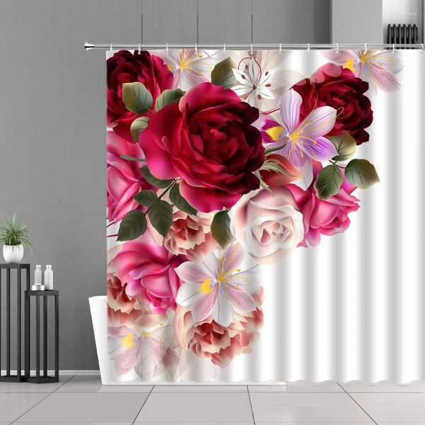 Cortinas de chuveiro Plantas de flor de rosa rosa vermelhas coloridas arte floral garotinha decoração de banheiro cortina de cortina de poliéster à prova d'água