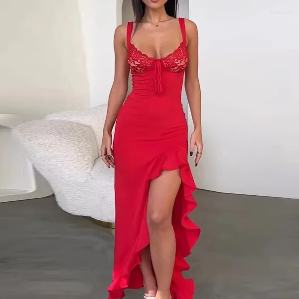 Abiti casual sexy profondo tie-up ardesia abito irregolare donna spunta in pizzo solido slim bodycon party estate cinturino senza schienale a lungo