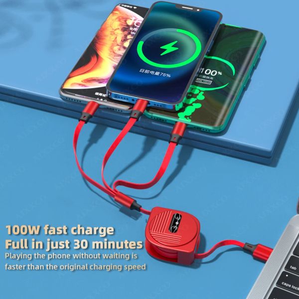 AIXXCO 100W USB -Ladegerät 3 in 1 Kabel 6a für Huawei Retractable Tragbares Micro USB Typ -C -Kabel -Ladekabel für iPhone Samsung