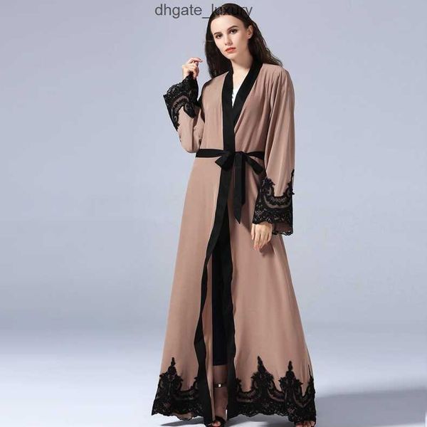 Frauen Muslim Dubai Abaya Robe mit Gürtel 5xl Plus Größe Muslim türkischer Strickjacken weiche Maxikleiste Lange Damen Lace Patchwork Kleidung Kleidung