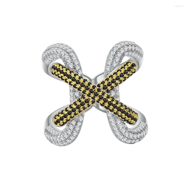 Ringos de cluster STL ZHENCHENGDA A linha grossa de Cross ligeiramente embutida com diamante completo S925 Silver Ring Part Part