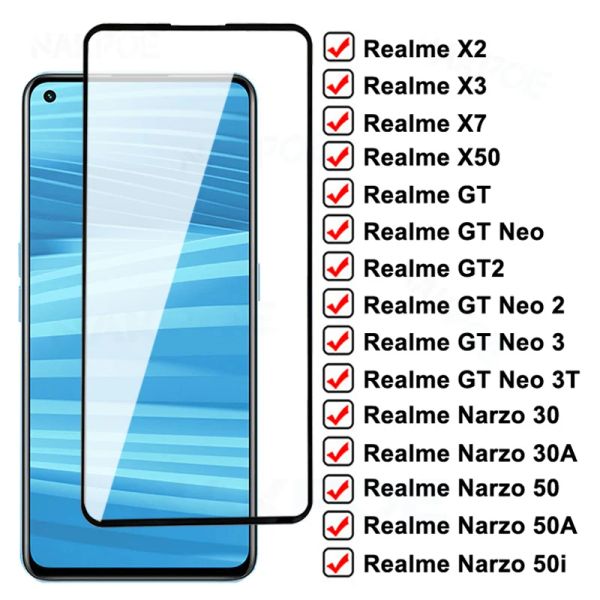 9D Vidro de temperatura máxima para realme x x2 x3 x7 x50 pro protetor de tela gt2 gt neo 2 3 3t narzo 30 30a 50 50a 50i vidro de proteção