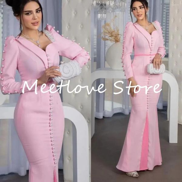 Abiti per feste Meetlove Rosa sexy abito da ballo perle perle maniche lunghe Arabia Saudita Donne formali serali Black Zipper Trumpet Wedding