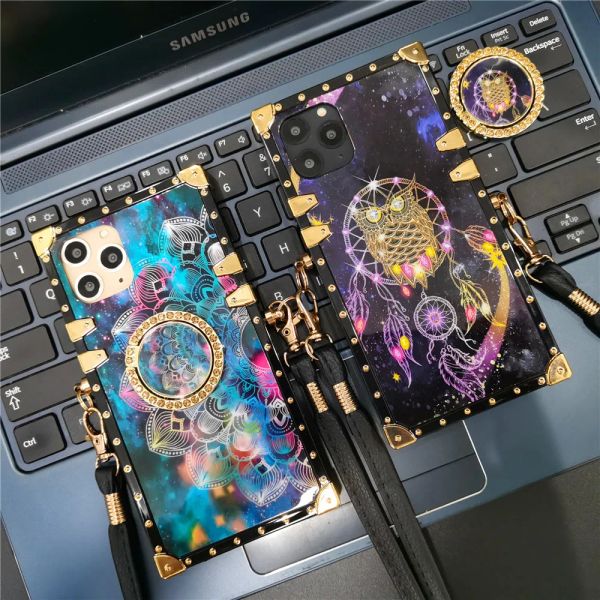 Luxury Glitter Square Ganyard Cover Owl Owl Flower Phone Case per Xiaomi Redmi Note 10 Pro 11 Pro 11 Pro 12C 8 9A 9C 10A 10c