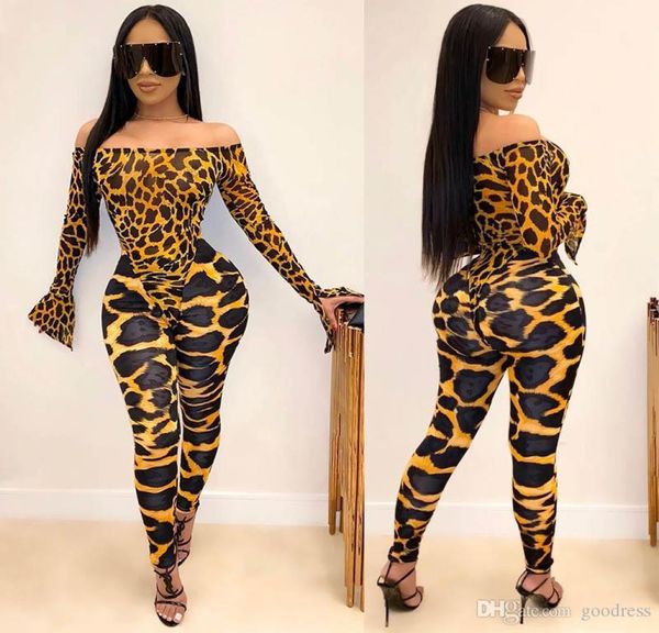 Frauen sexy Jumpsuit zweiteilige Outfits Set Rompers Leopard Snakeskin Off Schulter Leggings Hosen Bodysuit Clubwear Plus Size Clothi9967049
