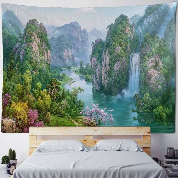 Decken natürliche Landschaft gedruckte Wandteppiche Retroölmalerei Kunst Wand Hanging Home Wanddekoration Wohnzimmer Hintergrund Stoffdecke