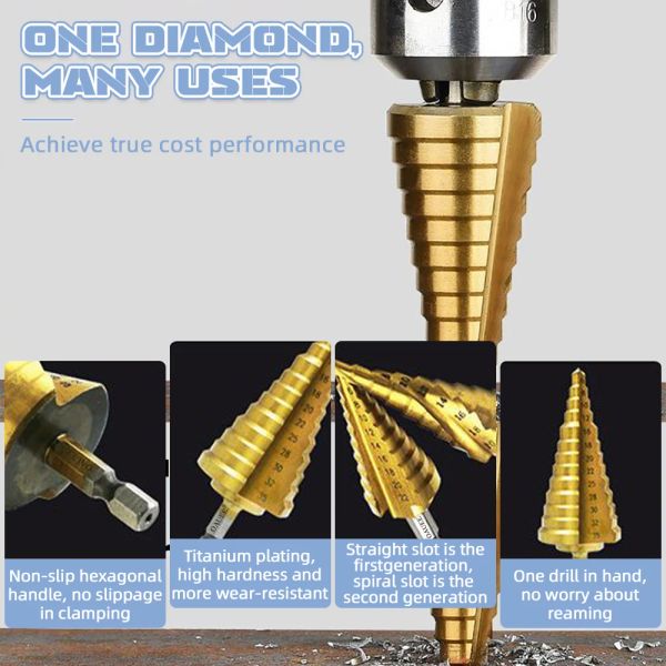 OAUEE 4-12/20/32MM HSS HSS Spiral Grooved Grooved Titanium revestido Etapa Drill Bit Speed Steel Metal Metal Furring Drilling