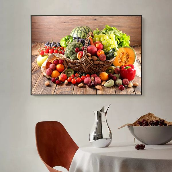 Vegetais nórdicos e frutas na cesta de tela pintando arte colorida de parede de alimentos para decoração de cozinha da sala de jantar