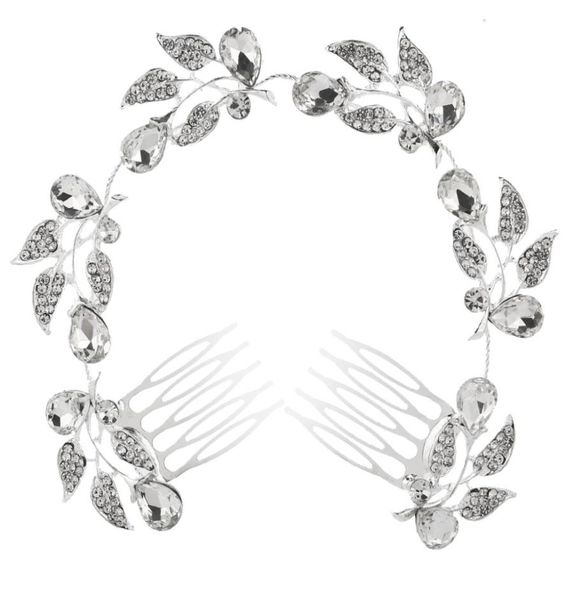 Feis romantische Bräute Langes Haarverzierung voller Diamantblumen Blätter Wassertropfen Silber Legierung Kamm Hochzeit Accessoire7034581