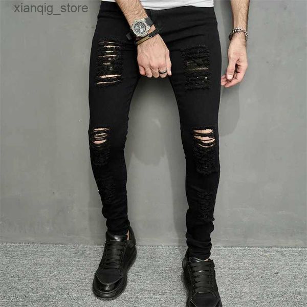 Erkek kot sokak kıyafetleri erkekler şık delikler siyah skinny jeans erkek bahar koşu gündelik kalem denim pantolonlar erkek pantolon l49