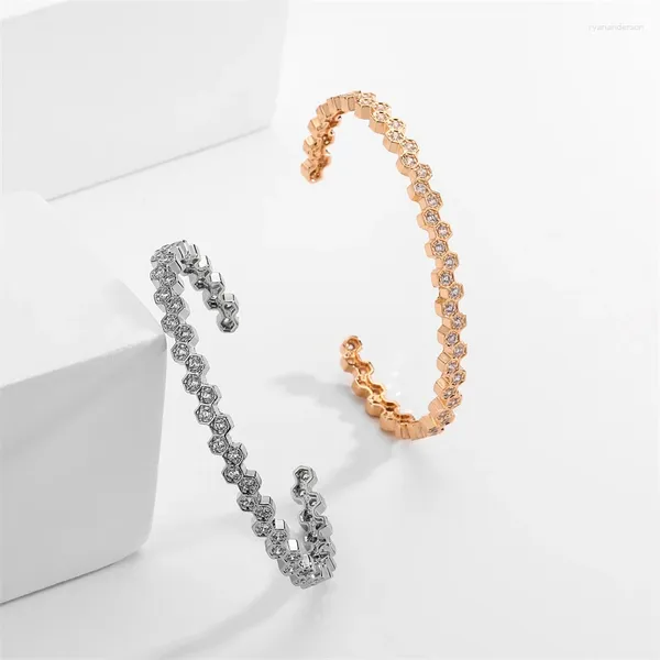 BANGLE RAKOL CLASSIC Open Exagon CZ Cuff per donne Temperamento Simple Trendy Stainles Bracciale in acciaio Gioielli