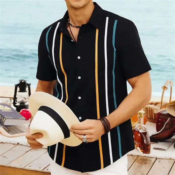 Herren lässige Hemden 2024 Hawaiian Stripe Fashion Men Shirt Retro Blumen Polo Kurzarm Soziales Strand übergroße 3D -Druckstraße Trage Sommer