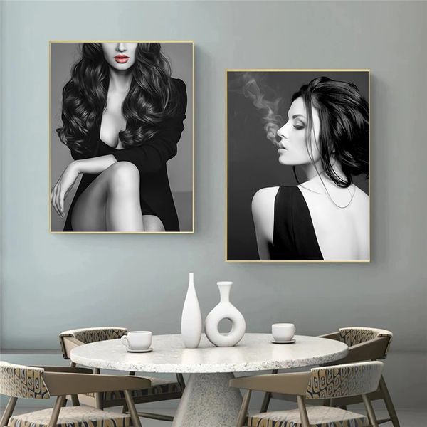 Mulheres sexy de preto e branco Figura Pinturas de arte de lona moderna Imprime Cuadros Wall Art Picture para decoração da sala de estar