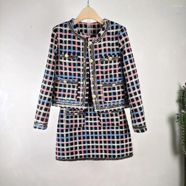 Abiti da lavoro Donne donne francese Vintage Ploid a maniche lunghe Mini gonna Tweed abita Tweed Casual Chic di alta qualità Piccola fragranza SET DUE