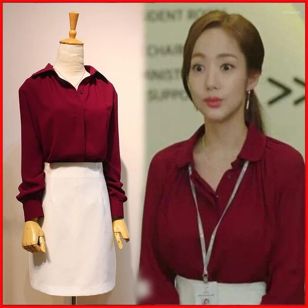 Kadınlar bluzları Kpop Koreli Drama Street Giyim Uzun Kollu Tek Göğüslü Düğme Gömlek Zarif Ofis Lady yaka mizaç bluzu Kadınlar Top