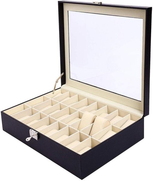 24 Slot PU Leather Uhrenschachtel Uhren Hülle Schmuck Display Aufbewahrungsorganisator Box mit Key Lock Glass Top Geschenk für Männer Frauen MX2009056560