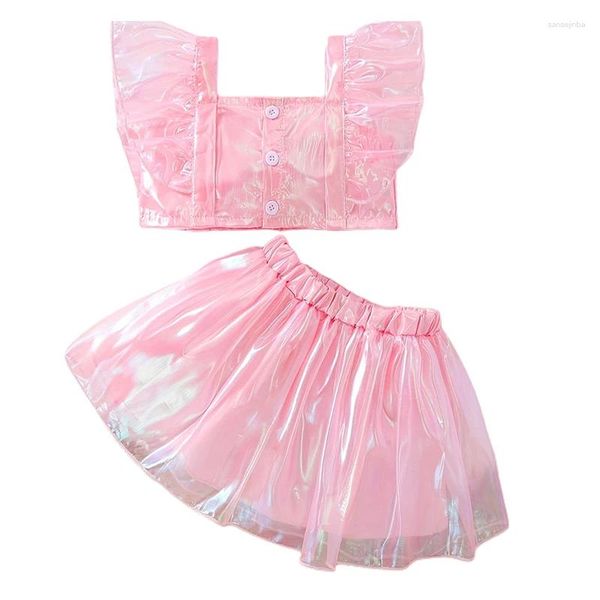 Roupas conjuntos de pudcoco crianças menina menina de verão a laser roupa de cor sólida com manga de cor e saias elásticas de cintura 2pcs Conjunto de roupas 18m-6t