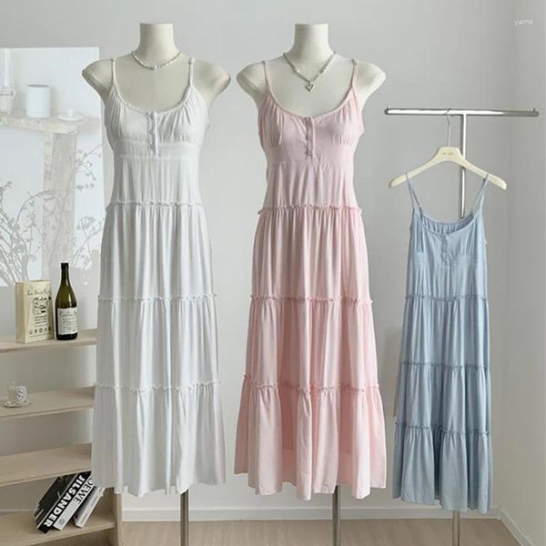 Lässige Kleider A-Line Summer Slip-Kleid Baumwolle weiß rosa blau elegante elastische Taille Solid Sweet Vestido Urlaub