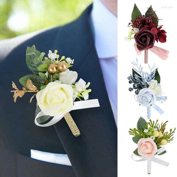 Dekoratif Çiçek Damat Korsaj Düğün Boutonniere Yapay Güller İpek Düğmelik Groomsmen Brooch Akışlar Erkekler Dekor