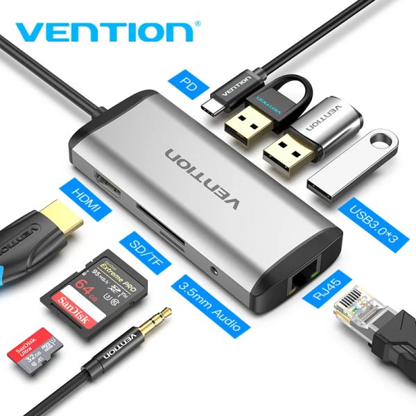 Hubs Venzione USB TIPO C TIPO CONVERTER C a HDMI VGA USB 3.0 PD POWER 3,5 mm Audio RJ45 Adattatore Ethernet SD/TF Scheda Lettore USB Nuovo