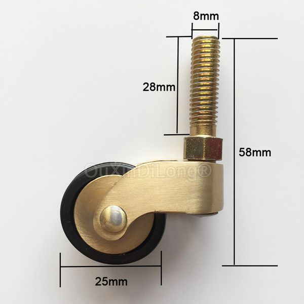 Rodízio de latão com anel de borracha, 4 unidades, 1 polegada, rodas de haste para mesa/sofá/peito/cômoda/armário/carrinho/cadeira rolos de móveis Z-529