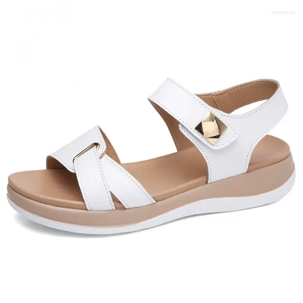 Kleiderschuhe Frauen Frau Damen Mutter echte Ledersandalen Flat Weichhakenschleife Koreaner Sommer Beach Plus Size 35-40