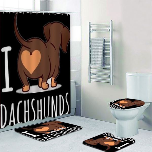 Tierstil Dackel Duschvorhang Set für Kinder Badezimmer Dekor Nordische Wurst Hundebad Badezimmer Sets Duschkurtins und Teppiche