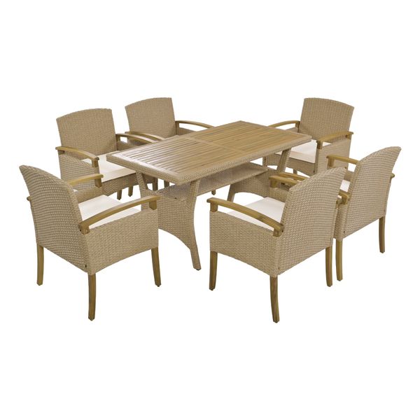 Mesa de jantar de 7 peças do pátio ao ar livre conjunto de refeições de vime de peito com madeira de madeira com mesa de madeira e almofadas para 6