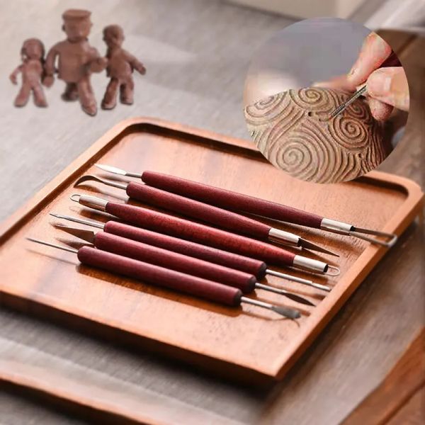 6pcs/set di strumenti di ceramica a filo a doppia estremità in legno rosso per riparazione dell'argilla, strumento di intaglio per sculture argillose