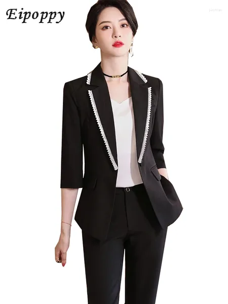 Pontas de duas peças femininas Office Ladies Summer Work Use Pant Suit de calça Mulheres brancas de casaco formal de meia manga preta e calça 2 blazer