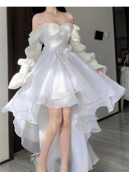 Lässige Kleider 2024 Frühling Elegant weiße Off Schulterfee Kleid Chic Prinzessin Puff Mesh Fashion Party