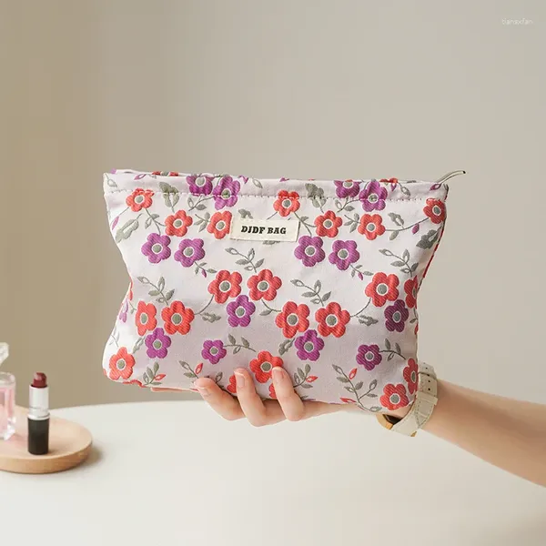 Bolsas de cosméticos Flores roxas bolsa de maquiagem feminina de grande capacidade armazenamento de batom portátil higiene higineses embreagem