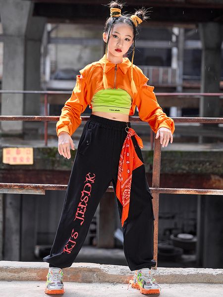 Mädchen Jazz Dance Kleidung Kinder Streetwear Orange Hip-Hop-Anzug Langarm Tops lose Hosen Moderne Tanzperformance BL9464