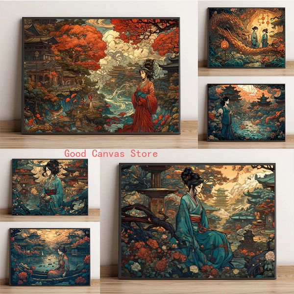 Posters de arte asiáticos tradicionais mangá landschape china telas pintando impressão hd impressão abstrata de parede de parede para decoração em casa decoração